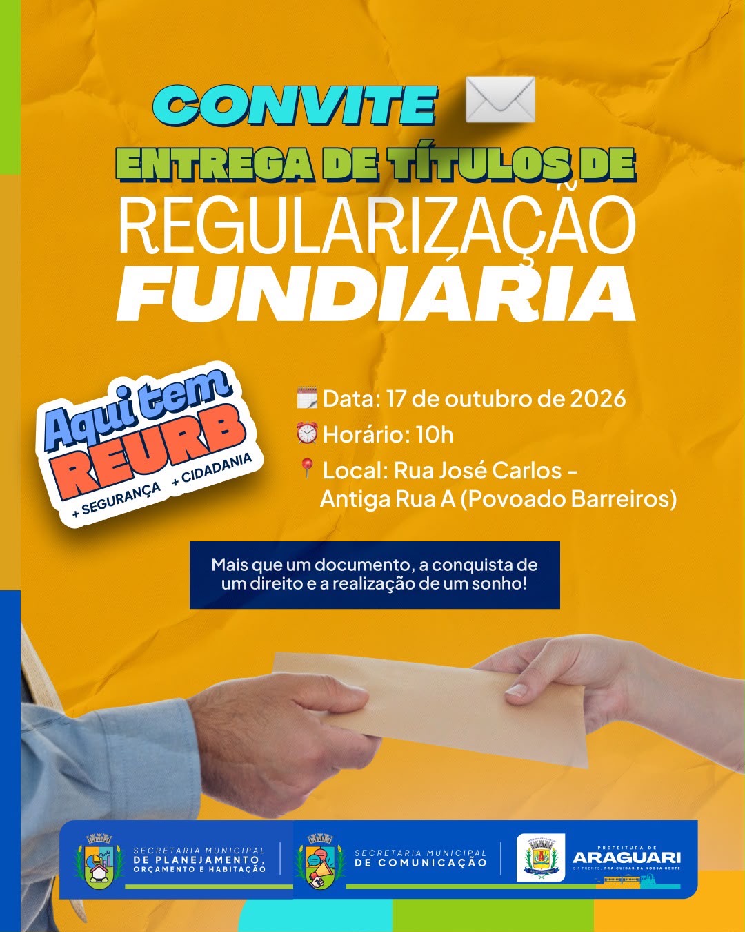 Prefeitura de Araguari realizará entrega de títulos de regularização fundiária no Povoado de Barreiros